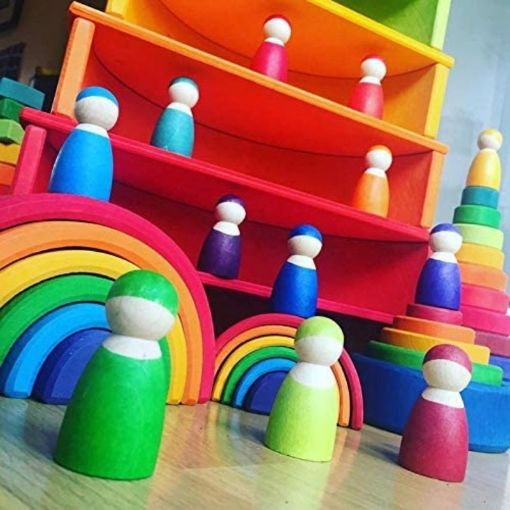 Picture of 7  Wooden Peg People Toys, Wooden People Pretend Play with Rainbow Stacking Toy, Preschool Wood Rainbow Friend Educational Toys